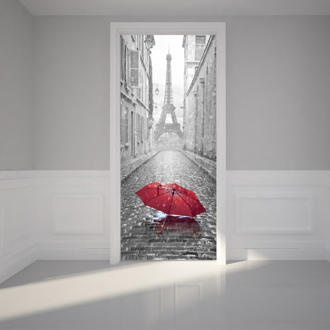 Door Wall Sticker Eiffel view from the Romantic street - Peel & Stick Repositionable Fabric Mural 31"w x 79"h (80 x 200cm)