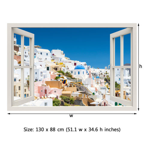 Window Frame Mural View of Santorini - Huge size - Peel and Stick Fabric Illusion 3D Wall Decal Photo Sticker