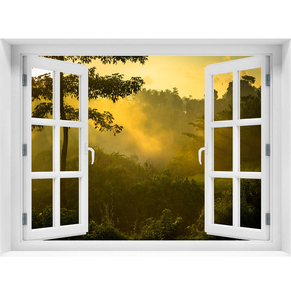 Window Wall Mural Sunrise over jungle, Peel and Stick Fabric Illusion 3D Wall Decal Photo Sticker