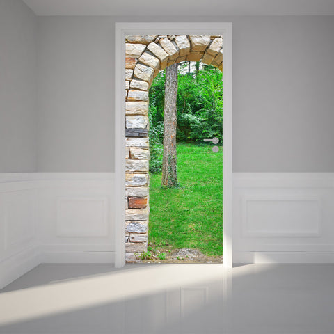 Door Wall Sticker Stone arch gate through green forest - Peel & Stick Repositionable Fabric Mural 31"w x 79"h (80 x 200cm)