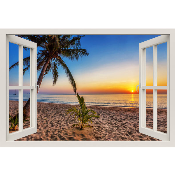 Window Frame Mural Tropical beach at sunset - Huge size - Peel and Stick Fabric Illusion 3D Wall Decal Photo Sticker