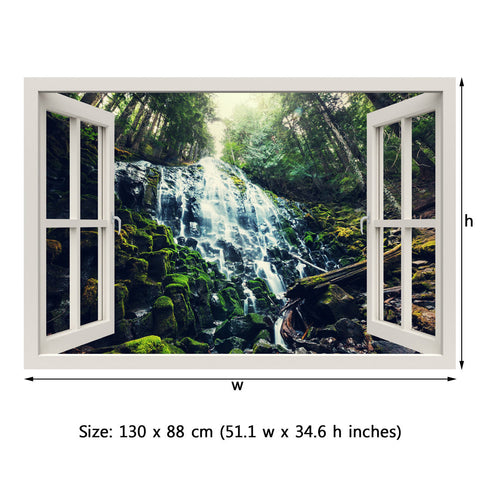 Window Frame Mural Lush Jungle falls - Huge size - Peel and Stick Fabric Illusion 3D Wall Decal Photo Sticker