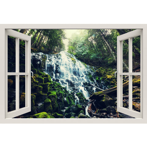 Window Frame Mural Lush Jungle falls - Huge size - Peel and Stick Fabric Illusion 3D Wall Decal Photo Sticker