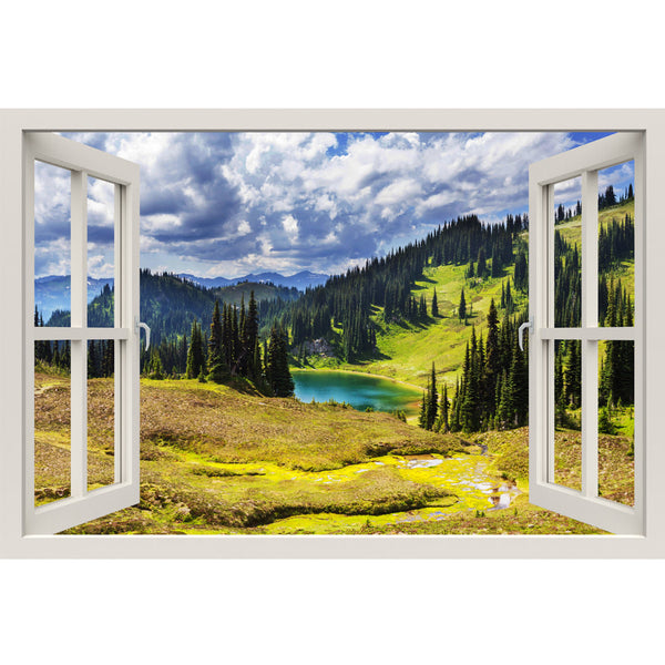 Window Frame Mural Great view of lake - Huge size - Peel and Stick Fabric Illusion 3D Wall Decal Photo Sticker