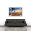 Window Frame Mural Tropical beach at sunset - Huge size - Peel and Stick Fabric Illusion 3D Wall Decal Photo Sticker