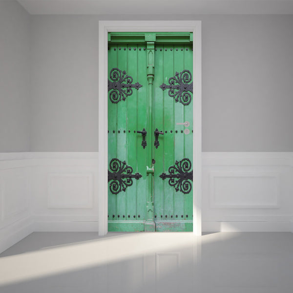 Door Wall Sticker Ancient green door - Peel & Stick Repositionable Fabric Mural 31"w x 79"h (80 x 200cm)