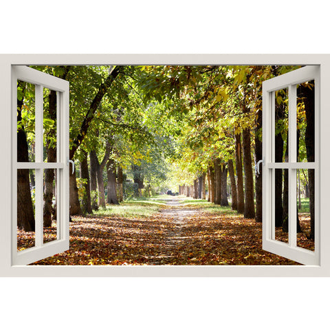 Window Frame Mural Park Footpath - Huge size - Peel and Stick Fabric Illusion 3D Wall Decal Photo Sticker