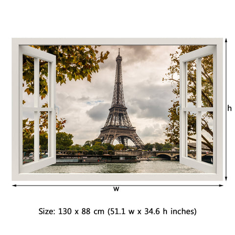Window Frame Mural Eiffel Tower, Seine - Huge size - Peel and Stick Fabric Illusion 3D Wall Decal Photo Sticker
