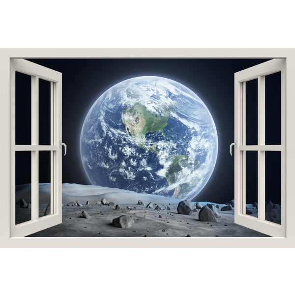 Window Frame Mural The Earth from the Moon - Huge size - Peel and Stick Fabric Illusion 3D Wall Decal Photo Sticker