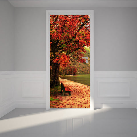 Door Wall Sticker Lovely Autumn at the calm lake - Peel & Stick Repositionable Fabric Mural 31"w x 79"h (80 x 200cm)