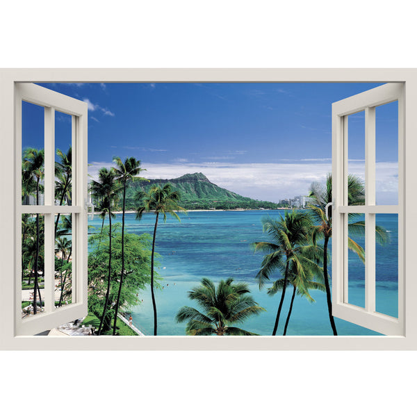 Window Frame Mural At the Seashore - Huge size - Peel and Stick Fabric Illusion 3D Wall Decal Photo Sticker