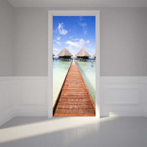 Door Wall Sticker Tropical resort and bright sky - Peel & Stick Repositionable Fabric Mural 31"w x 79"h (80 x 200cm)