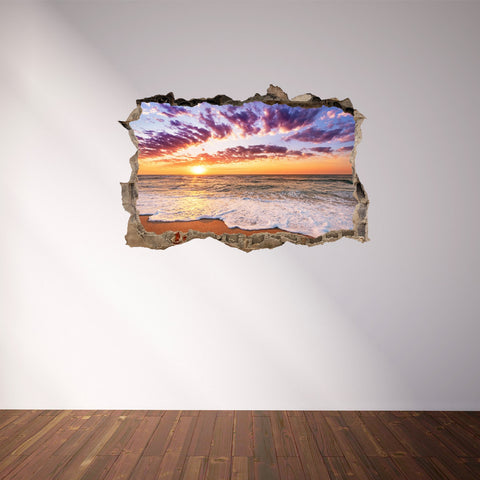 3D Through Wall Fabric Sticker Wall Decal - Sunset on caribbean sea, Peel and Stick Fabric Stickers for Home Decoration