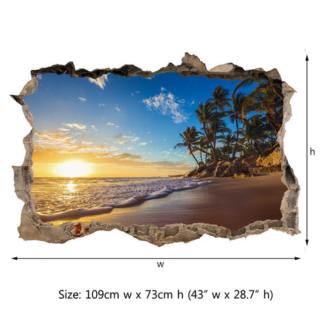 3D Through Wall Fabric Sticker Wall Decal - Paradise tropical island, Peel and Stick Fabric Stickers for Home Decoration