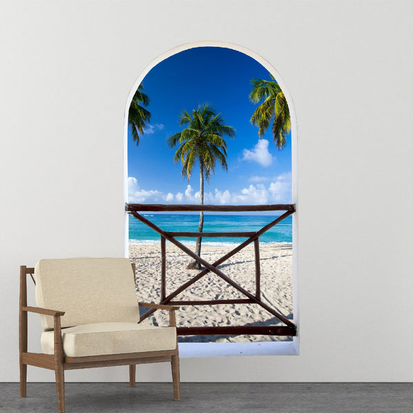 Arch balcony 3D Wall Mural Huge size - Beautiful beach and Tropical sea - Removable Peel and stick Fabric Decal