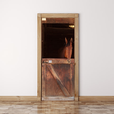 Door Mural Horse view out the stable in a barn - Self Adhesive Door Wrap Wall Sticker