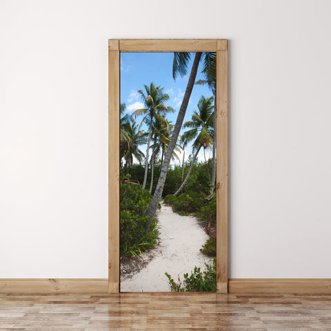 Door Mural Coconut palm trees and road - Self Adhesive Door Wrap Wall Sticker