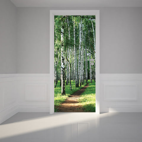 Door Wall Sticker Birch Tree Forest - Self Adhesive Fabric Door Wrap Wall Sticker