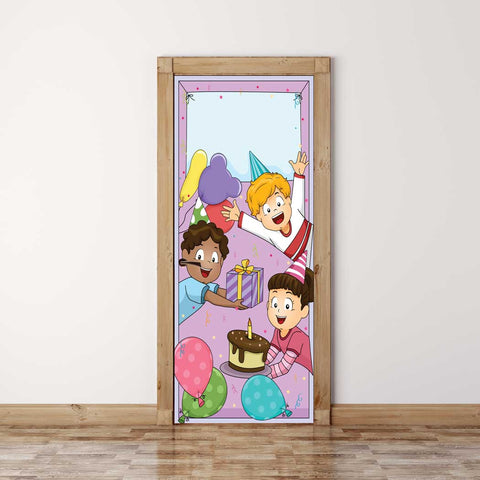 Door Mural Kids Party Welcome - Self Adhesive Fabric Door Wrap Wall Sticker