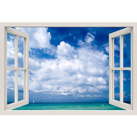 Window Frame Mural Beautiful Sea - Peel and Stick 3D Wall Decal