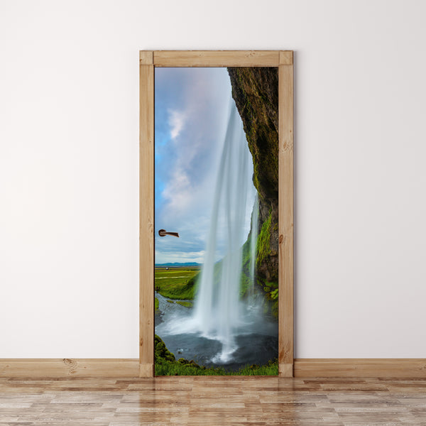 Door Mural waterfall and rock - Self Adhesive Fabric Door Wrap Wall Sticker