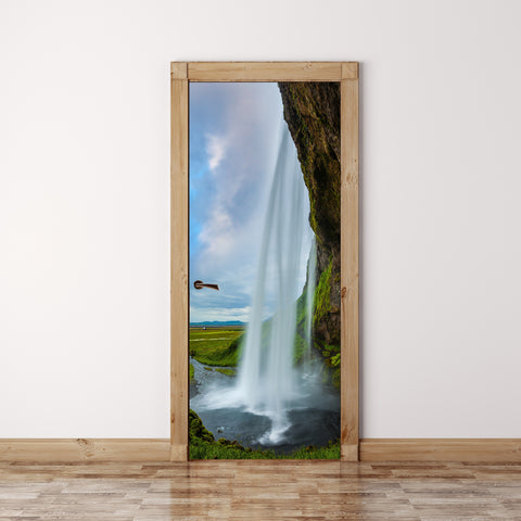 Door Mural waterfall and rock - Self Adhesive Fabric Door Wrap Wall Sticker