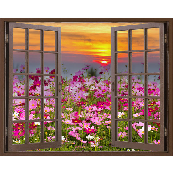 Window Frame Mural Cosmos Flower field on sun rise - Peel and Stick Fabric Wall Decal