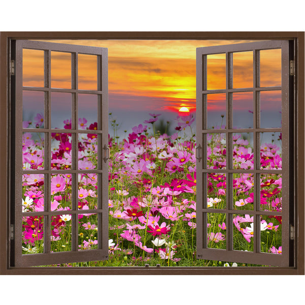 Window Frame Mural Cosmos Flower field on sun rise - Peel and Stick Fabric Wall Decal
