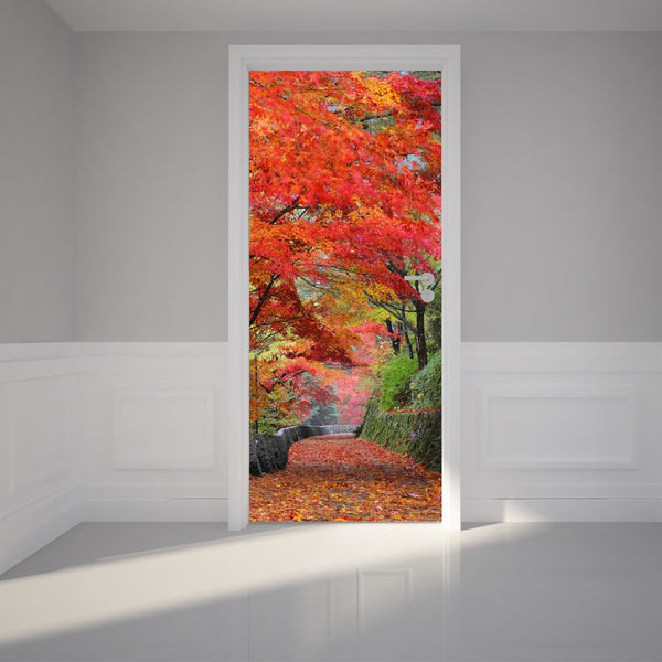 Door Wall Sticker Autumn leaves on the Walkway - Self Adhesive Fabric Door Wrap Wall Sticker