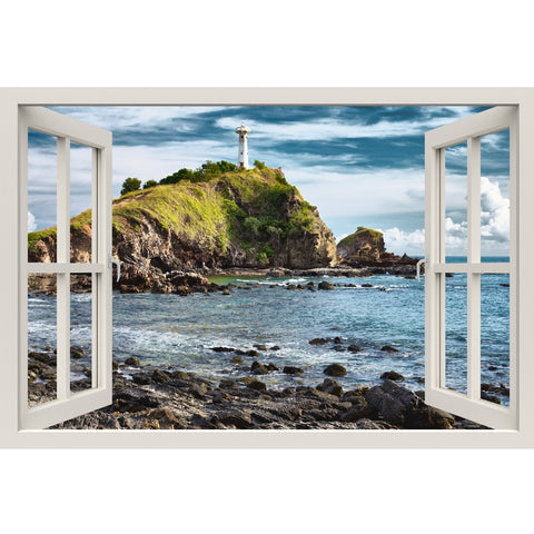 Window Frame Mural Lighthouse on a Cliff - Peel and Stick 3D Wall Decal