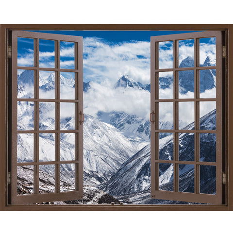 Window Frame Mural Mountains in Everest region - Peel and Stick Illusion 3D Wall Decal