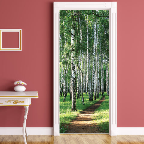 Door Wall Sticker Birch Tree Forest - Self Adhesive Fabric Door Wrap Wall Sticker