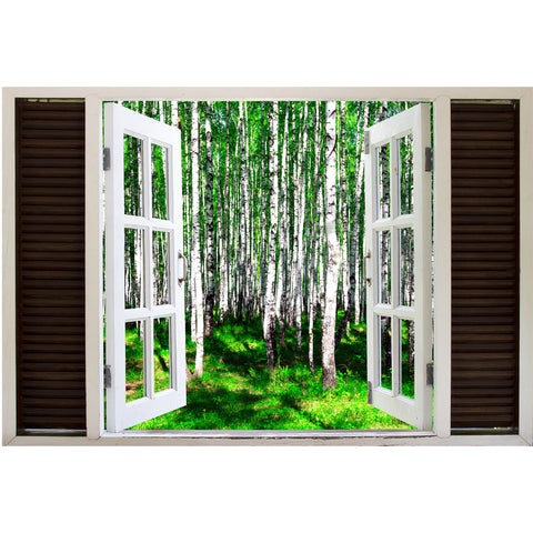 Window Frame Mural Summer Birch Forest - Peel and Stick 3D Wall Decal