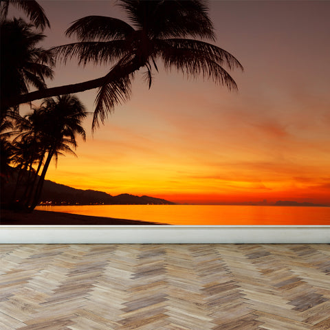 Wall Mural Tropical sunset beach with palm tree, Peel and Stick Fabric Wallpaper for Interior Home Decor