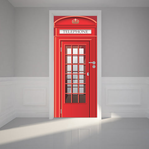 Door Wall Sticker London Phone Booth - Self Adhesive Fabric Door Wrap Wall Sticker