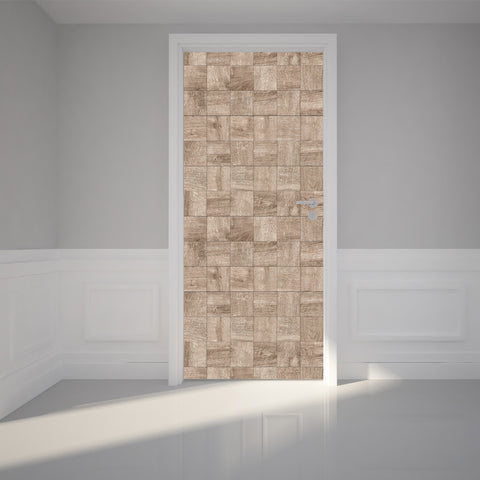 Door Wall Sticker Wood Mosaic Pattern - Self Adhesive Fabric Door Wrap Wall Sticker