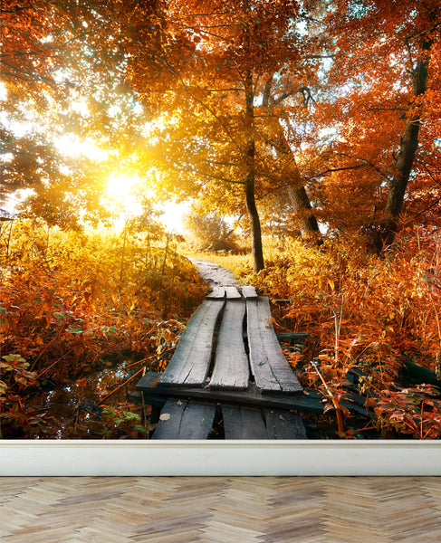 Wall Mural Autumn and small bridge, Peel and Stick Fabric Wallpaper