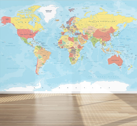 Wall Mural World Map, Peel and Stick Fabric Wallpaper for Interior Home Decor