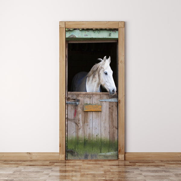 Door Mural White horse in Stable - Self Adhesive Fabric Door Wrap Wall Sticker
