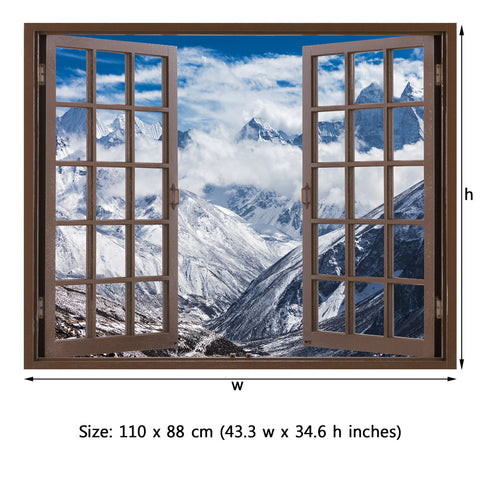 Window Frame Mural Mountains in Everest region - Peel and Stick Illusion 3D Wall Decal