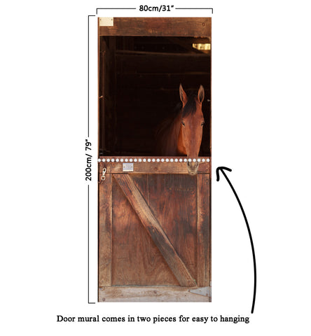 Door Mural Horse view out the stable in a barn - Self Adhesive Door Wrap Wall Sticker