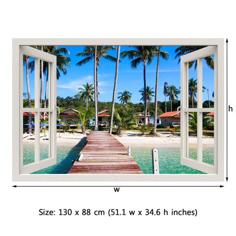 Window Frame Mural Boardwalk on the Tropical beach - Peel and Stick 3D Wall Decal