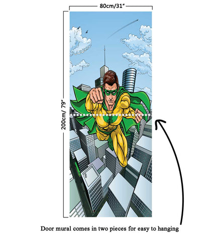 Door Mural Flying Superhero - Self Adhesive Fabric Door Wrap Wall Sticker