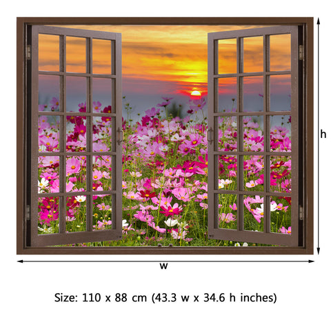 Window Frame Mural Cosmos Flower field on sun rise - Peel and Stick Fabric Wall Decal