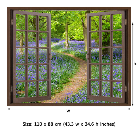 Window Frame Mural Bluebell Wood - Huge size - Peel and Stick Fabric Illusion 3D Wall Decal Photo Sticker