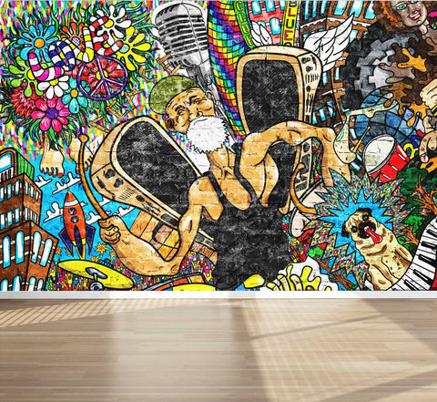 Wall Mural Graffiti Music collage, Fabric Wallpaper for Home Decor