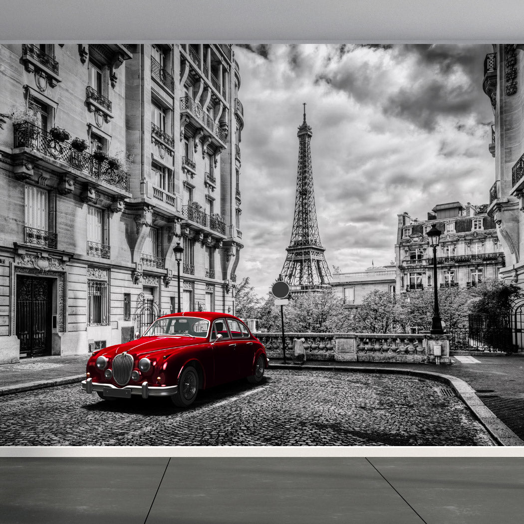 Wall Mural Eiffel Tower with Red retro limousine car, Fabric