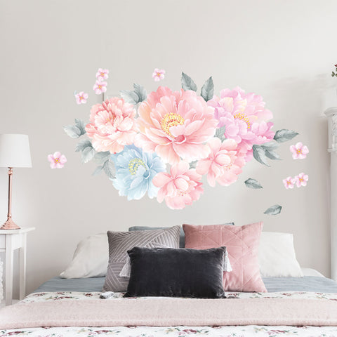 Peony Flowers Wall Decal Watercolor Floral Flowers Peel and Stick Fabric Stickers