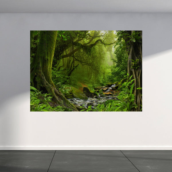 Wall Mural Jungle with river, Peel and Stick Fabric Wallpaper for Interior Home Decor