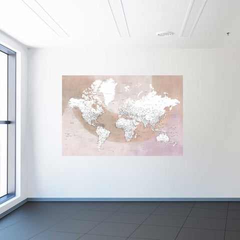 Wall Mural World map with cities Qawi - Peel and Stick Fabric Wallpaper for Interior Home Decor